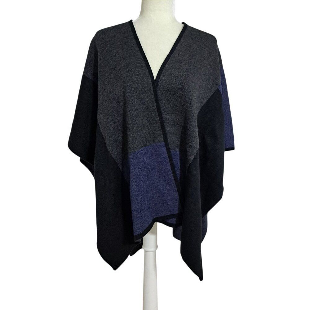 Lord & Taylor Colorblock Poncho in Black, Gray & Blue